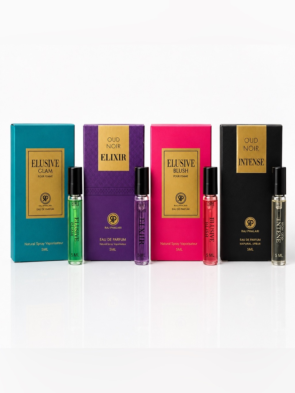 ELUSIVE GLAM,OUD NOIR
ELIXIR,ELUSIVE BLUSH, 
OUD NOIR INTENSE 4 Mini parfum (5ml
